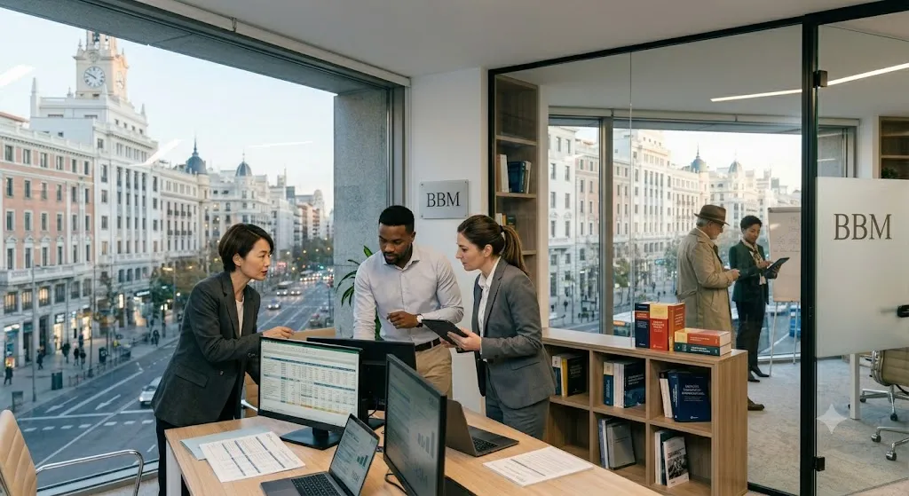 Tax advisers at BBM Abogados reviewing charts and spreadsheets on computer screens in a modern, bright office with city views.